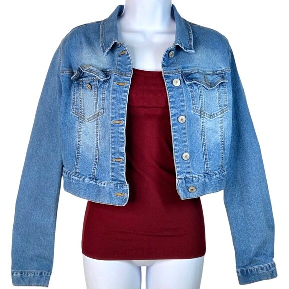 Love Tree Womens Medium Cropped Denim Jacket With Button Front & Pockets Med - Picture 3 of 9
